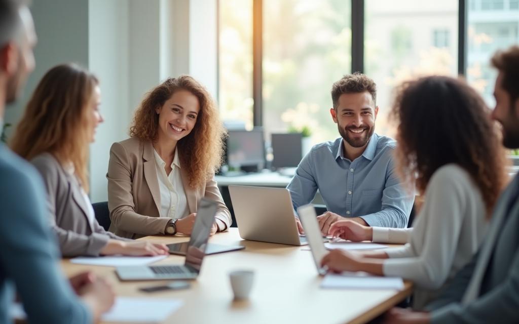 Diverse group of professionals collaborating in a modern office setting.