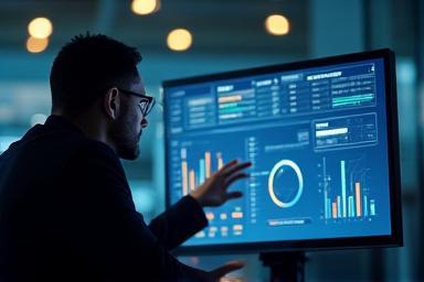 Professional looking at data on a screen, symbolizing talent strategy.